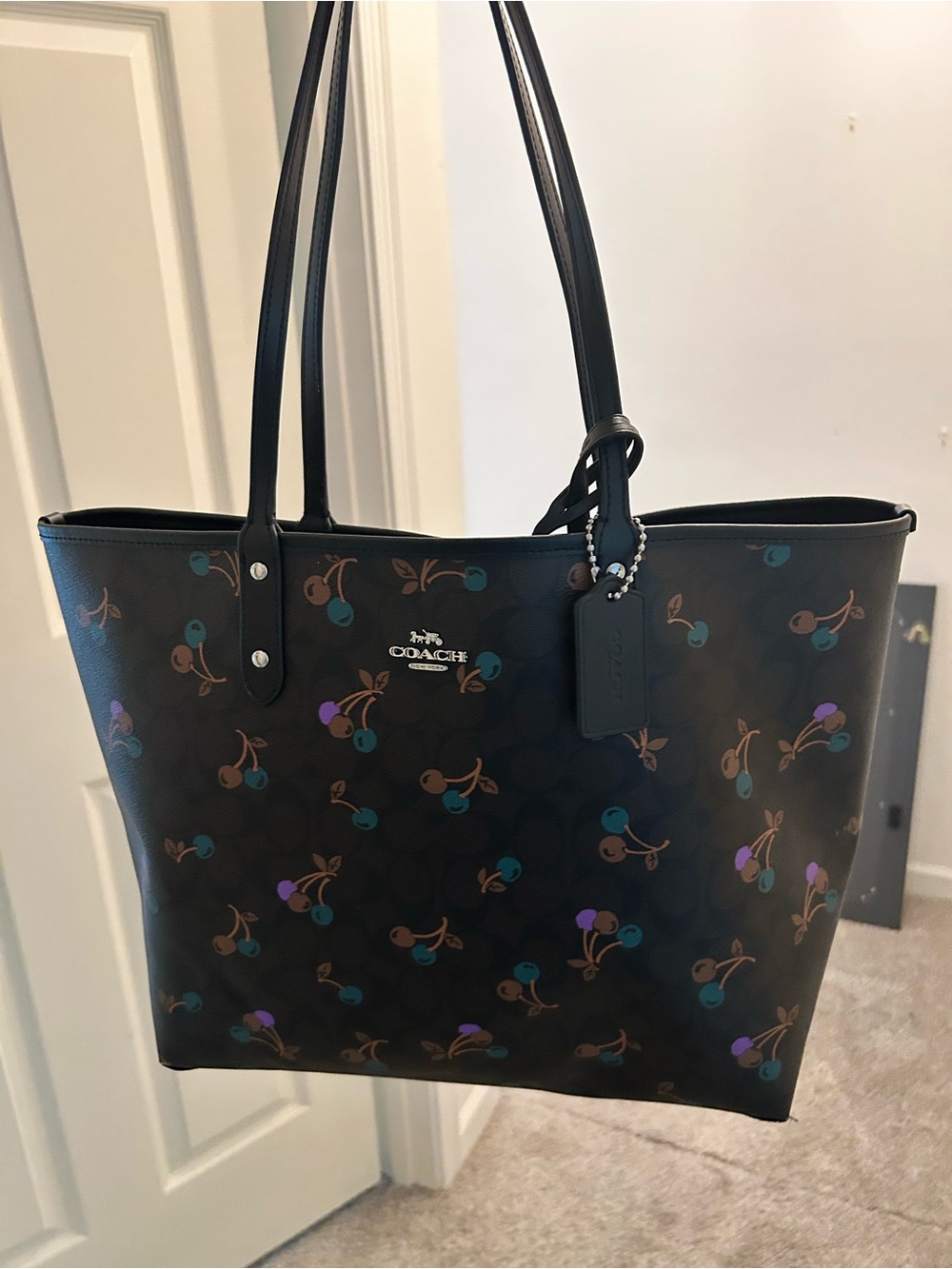Coach Black Tote with Teal, Purple and Brown Cherry Print - Picture 2 of 11